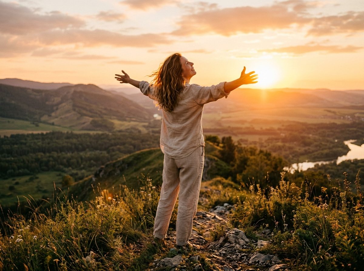 Woman rejoicing outdoors celebrating pain-free life
